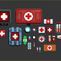 Essential Emergency First Aid Equipment With Kits Bandages And Medicine Bottles