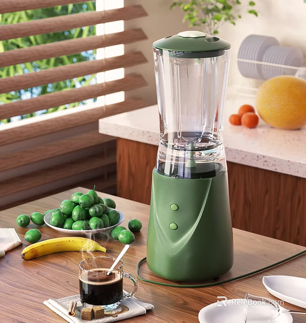 Green Electric Blender On Wooden Kitchen Counter With Fresh Fruits And Glass Cup 3d model 