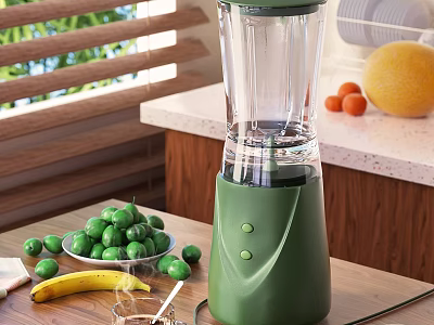 Green Electric Blender On Wooden Kitchen Counter With Fresh Fruits And Glass Cup 3d model