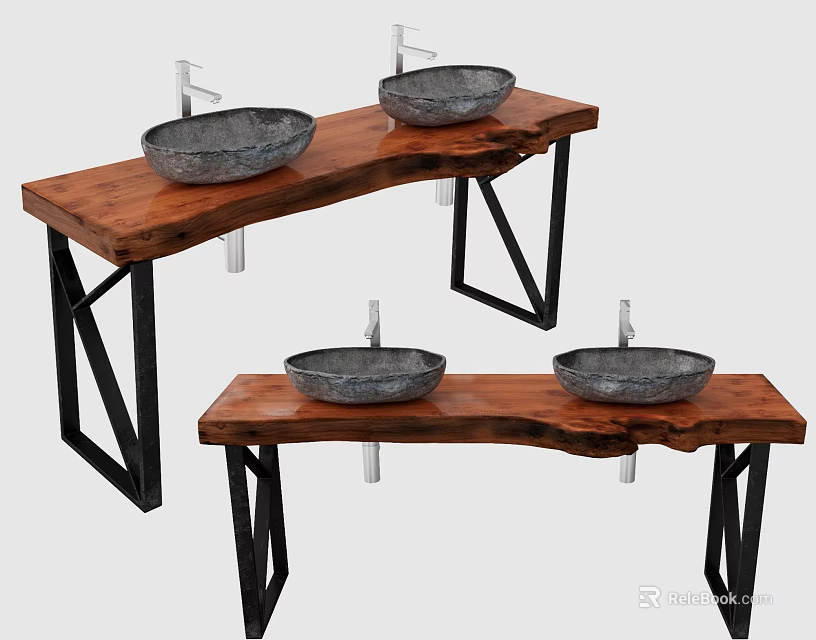 Rustic Wooden Washbasin Vanity With Stone Basins And Black Metal Frames 3d model 