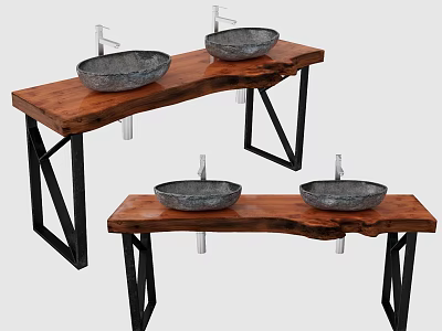 Rustic Wooden Washbasin Vanity With Stone Basins And Black Metal Frames 3d model