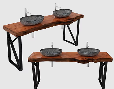 Rustic Wooden Washbasin Vanity With Stone Basins And Black Metal Frames 3d model