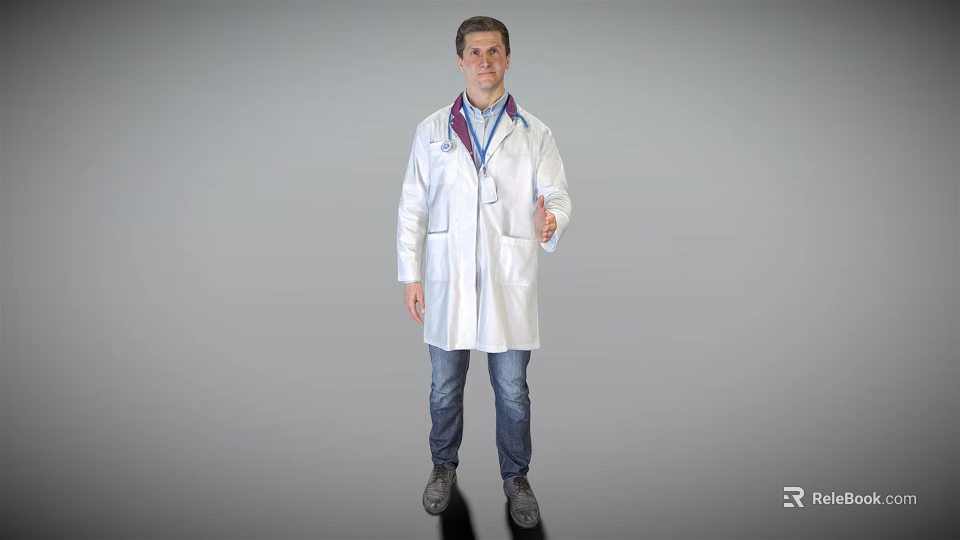 Man In White Lab Coat With Lanyard Giving Thumbs Up In Professional Studio 3d model 