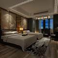Chinese Modern Hotel Guest Room Interior With Double Bed Ceiling Pattern Rug And TV
