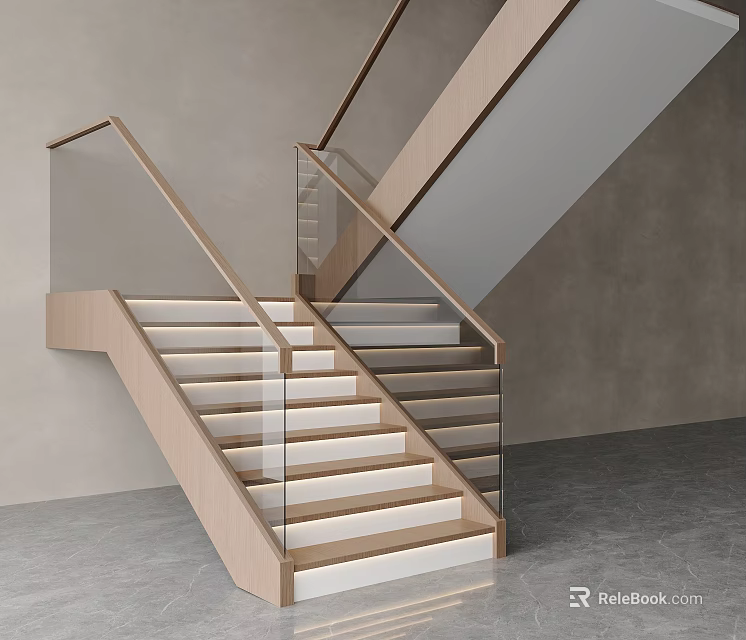 Modern Wooden Staircase With Glass Railing Lit Steps And Gray Wall Contemporary Interior Design 3d model 