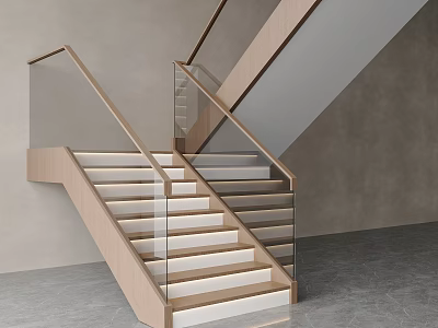 Modern Wooden Staircase With Glass Railing Lit Steps And Gray Wall Contemporary Interior Design 3d model