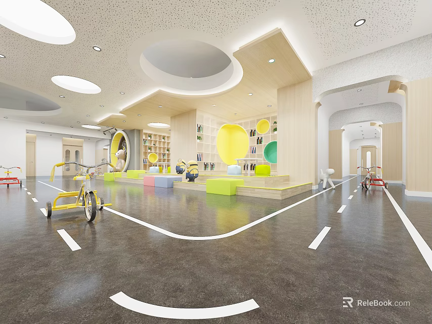 Kindergarten Open Interior Layout With Tricycles White Lines On Floor And Colorful Circular Decorations 3d model 