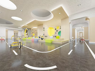 Kindergarten Open Interior Layout With Tricycles White Lines On Floor And Colorful Circular Decorations 3d model