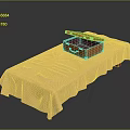 Double Bed With Beige Bed Sheet And Open Orange Suitcase On Top With Wooden Legs