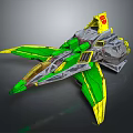 Cosmic Green And Yellow Spacecraft Showcasing Futuristic Aerodynamic Wing Design