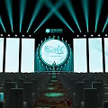 Modern Tech Stage With Circular Screen Green Lighting Effects Stepped Platform And Person Standing Center