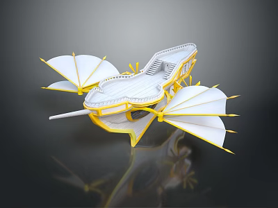 Futuristic White And Yellow Fantasy Vehicle With Wing Like Structures And Boat Shaped Body 3d model