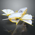 Futuristic White And Yellow Fantasy Vehicle With Wing Like Structures And Boat Shaped Body