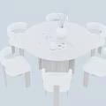 Contemporary Minimalist Round Travertine Dining Table Set With Six Comfortable Cream Upholstered Wooden Chairs
