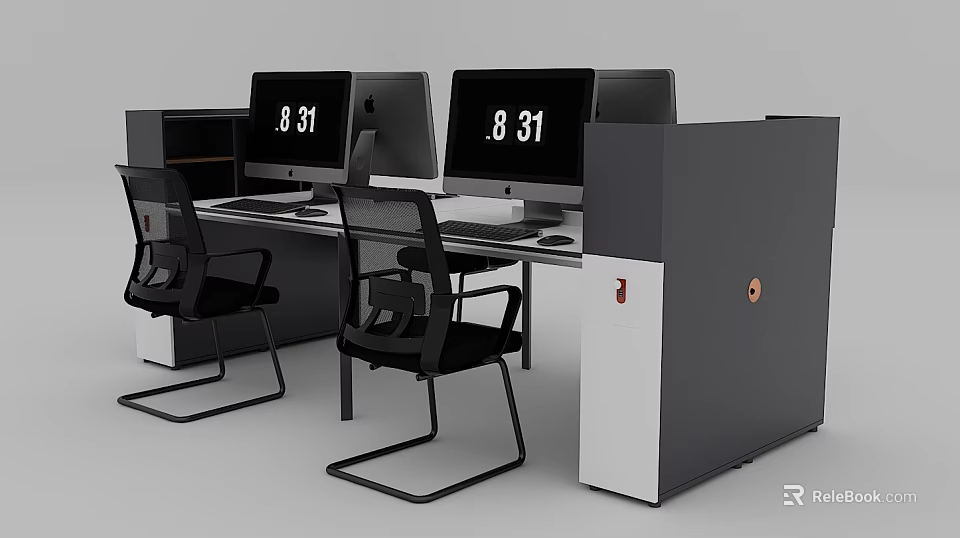 Modern Office Desk Setup With Computers Chairs Digital Time Display And Partitions 3d model