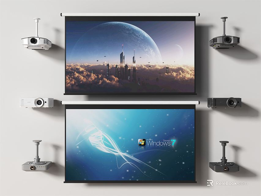 Professional Projection Monitoring Setup with Dual Monitor Screens Projector and Surveillance Camera 3d model 