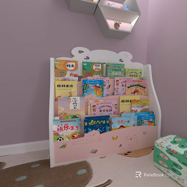 Cute Pink Kids Bookcase With Cartoon Design And Colorful Children's Storybooks 3d model 