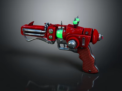 Red Futuristic Gun with Green Glowing Components and Wooden Grip Mechanical Design 3d model