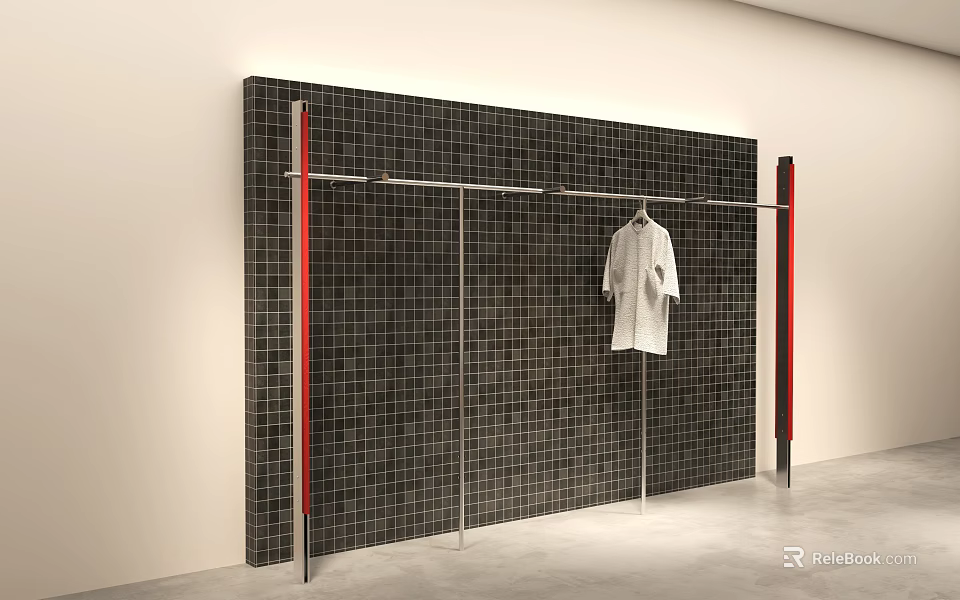 Clothing Store Display With Black Tiled Wall And Metal Rack Holding White Shirt 3d model 