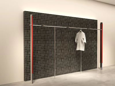 Clothing Store Display With Black Tiled Wall And Metal Rack Holding White Shirt 3d model
