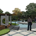 Residential Landscape Featuring Paved Plaza Green Trees Water Feature Lawn And Pedestrians