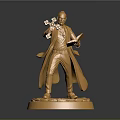 Golden Man Statue Wearing Long Coat Holding Cross And Book On Base