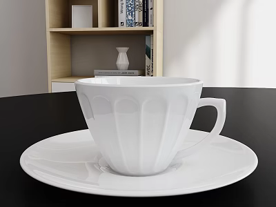 White Cup With Saucer On Dark Table By Bookshelf With Books Vase And White Items 3d model