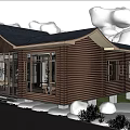 Traditional Wooden Ancient Building With Sloped Roof Large Windows And Greenery Surroundings