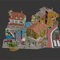 Vibrant Cartoon Scene With Colorful Houses Red Roofs Green Trees Blue Pond And Red Car
