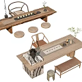 Natural Wooden Tea Table and Chairs With Matching Stools Decorative Plants and Tea Set 3d model