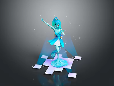 Blue Haired Game Movie Character In Short Dress Standing On Geometric Platform With Sparkles 3d model