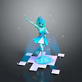 Blue Haired Game Movie Character In Short Dress Standing On Geometric Platform With Sparkles