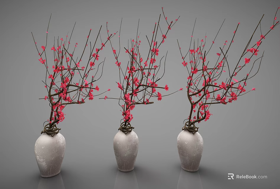 Three White Vases With Red Flower Branches For Home Decorative Arrangement 3d model 