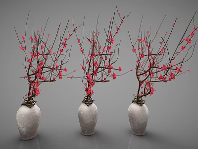 Three White Vases With Red Flower Branches For Home Decorative Arrangement 3d model