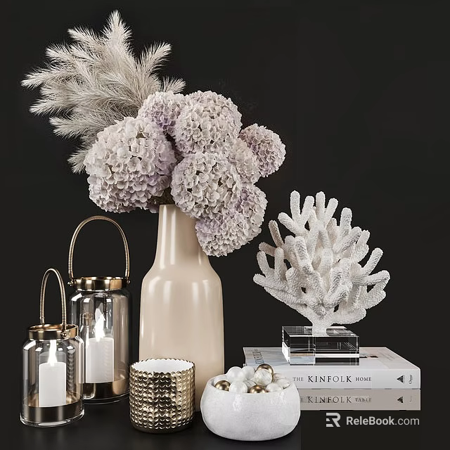 Elegant Decorative Ornament Set With Beige Vase Purple Hydrangeas Feathers Metal Lanterns Coral And Shells 3d model 