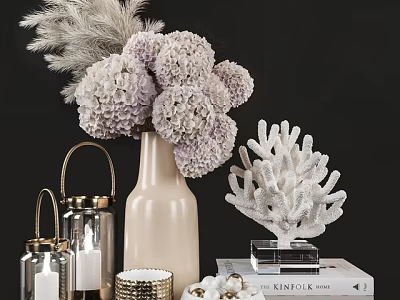 Elegant Decorative Ornament Set With Beige Vase Purple Hydrangeas Feathers Metal Lanterns Coral And Shells 3d model