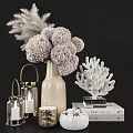 Elegant Decorative Ornament Set With Beige Vase Purple Hydrangeas Feathers Metal Lanterns Coral And Shells