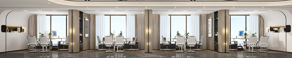 Modern Public Office Space With Large Windows Curtains Wooden Partition And Green Plants 3d model 