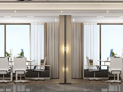 Modern Public Office Space With Large Windows Curtains Wooden Partition And Green Plants 3d model
