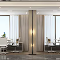 Modern Public Office Space With Large Windows Curtains Wooden Partition And Green Plants