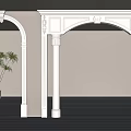 Interior With White Archways Columns Green Plant Wooden Floor And White Walls