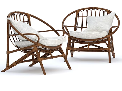 Elegant Rattan Leisure Chairs With Brown Frame And White Cushions 3d model