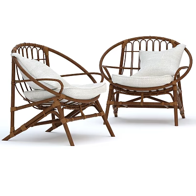 Elegant Rattan Leisure Chairs With Brown Frame And White Cushions 3d model
