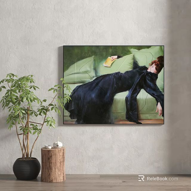 Elegant Reclining Woman In Black Dress On Green Sofa With Book Figure Painting 3d model 