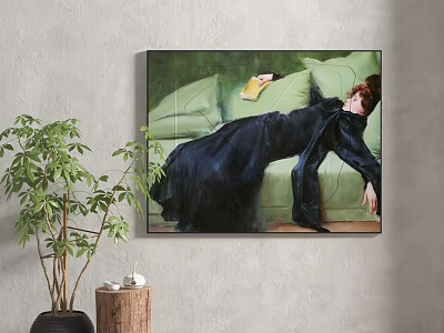 Elegant Reclining Woman In Black Dress On Green Sofa With Book Figure Painting 3d model