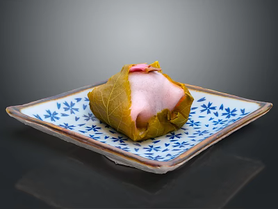 Traditional Leaf Wrapped Dessert on Blue and White Patterned Square Plate 3d model