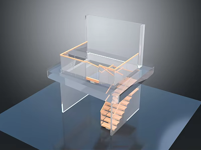 Modern Transparent Building Structure with Wooden Staircase and Open Design 3d model