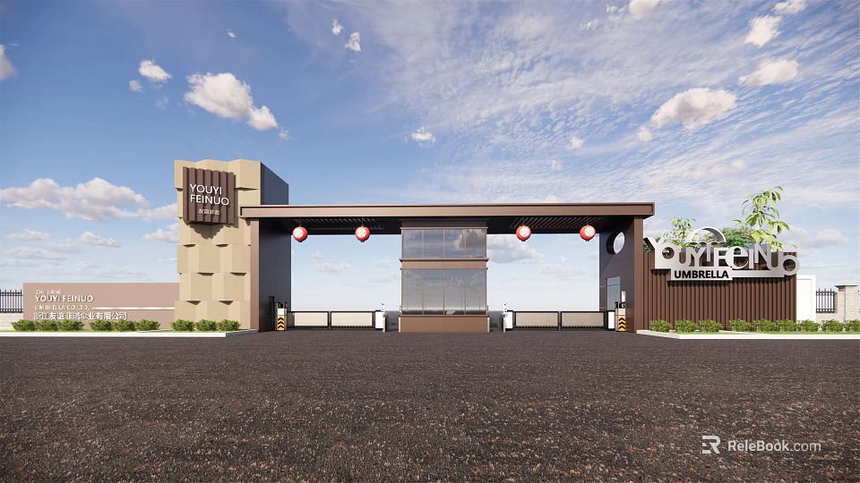 Royal Entrance Gate Featuring Modern Brown Structure Red Lanterns And Glass Door 3d model 