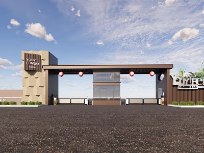 Royal Entrance Gate Featuring Modern Brown Structure Red Lanterns And Glass Door 3d model