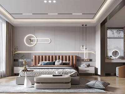 Modern Bedroom Interior With Brown Padded Headboard Decorative Lights And Bench 3d model